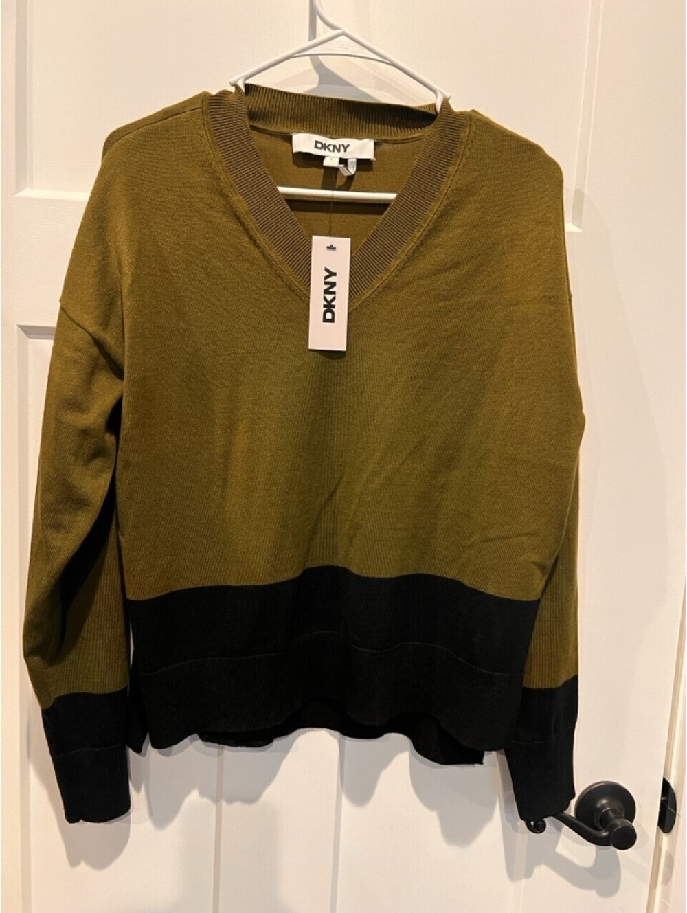 DKNY Womens S Olive Green Black Colorblock Knit Sweater Pullover